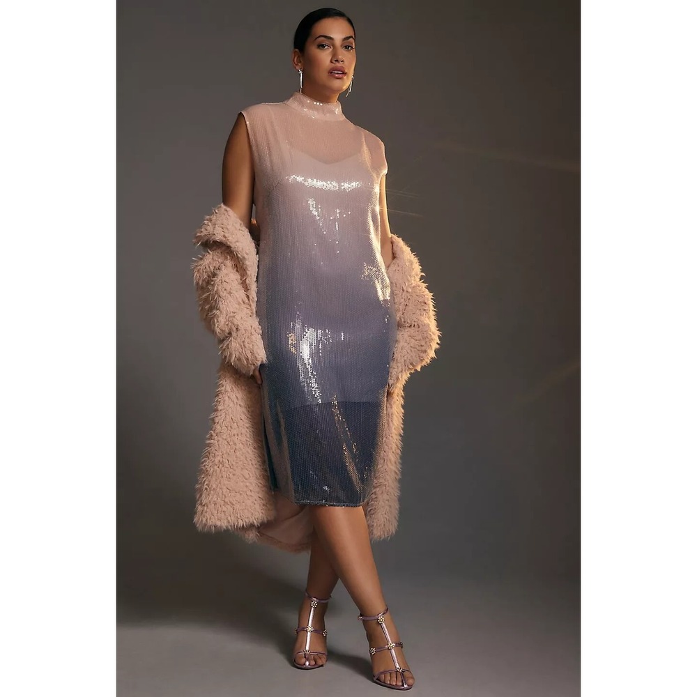 NWT Anthropologie 4 Shiny Pink Sleeveless Sequin Mock Neck Slim Midi Party Dress